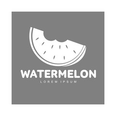 monochrome logo template with stylized watermelon slice with two bites, vector illustration isolated on grey background. Watermelon logotype, logo design with bitten watermelon piece