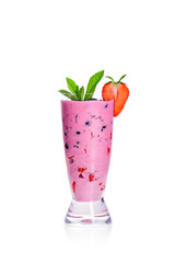 Glass of blueberry and strawberry smoothie isolated on white background