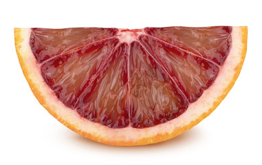 Slice of bloody orange with leaf isolated on white background