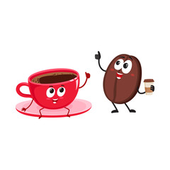 Funny coffee bean and espresso cup characters showing thumb up, cartoon vector illustration isolated on white background. Coffee bean with paper coffee cup and espresso, americano characters, mascots