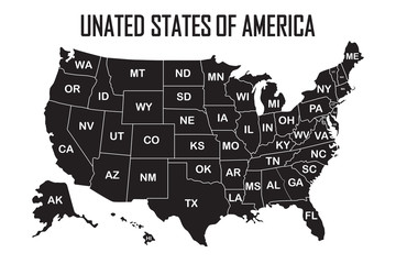Fototapeta na wymiar Poster map of United States of America with state names on the white background. Black and white print map of USA for t-shirt, poster or geographic themes. Vector Illustration.