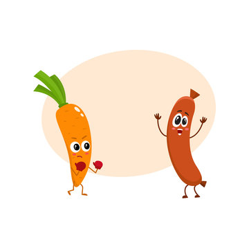 Funny food characters, carrot versus sausage, healthy lifestyle concept, cartoon vector illustration with space for text. Carrot fighting sausage characters, mascots, food infographics