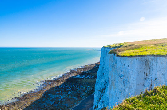 White Cliffs of Dover overlooking a pebble beach, Kent, England