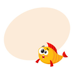Cute, funny golden, yellow fish character with smiling happy, human face, cartoon vector illustration with space for text. Crazy yellow fish character, mascot, happy and excited