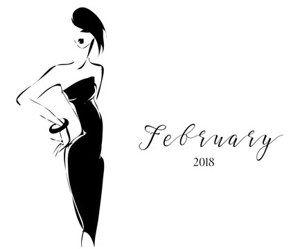 Black and white fashion calendar with woman model silhouette logo. Hand drawn vector illustration