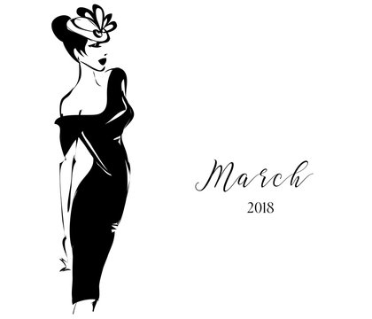 Black and white fashion calendar with woman model silhouette logo. Hand drawn vector illustration