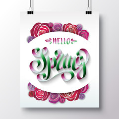 Poster on the background of a brick wall with a unique handwritten phrase-hello Spring and cute hand drawings. Vector illustration for flyers, invitations, posters, brochures, greeting cards.