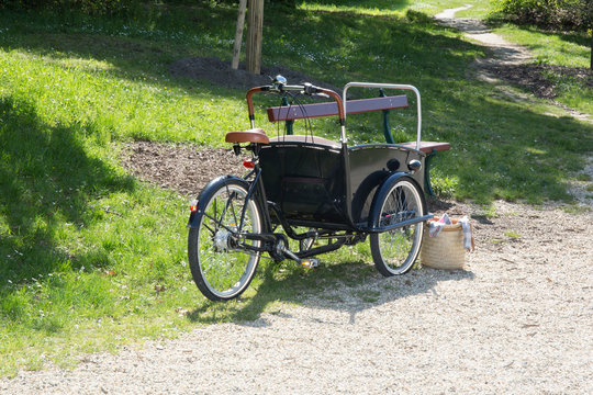 Fototapeta Bike tricycle cargo park in a park beside a bench