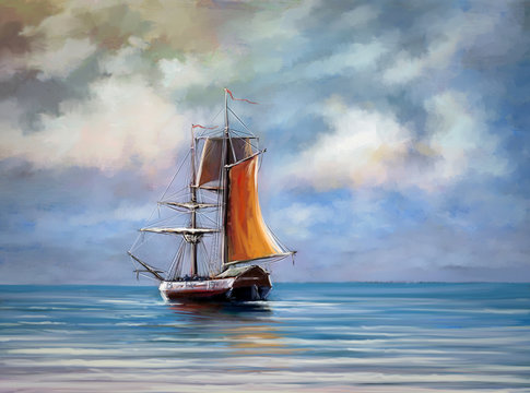 Ship, sea. Landscape. Oil digital paintings.