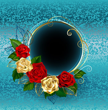 Round banner with roses on a blue background