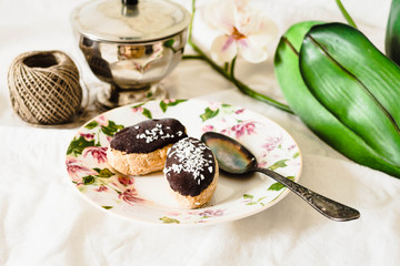 Homemade coconut candy with chocolate, healthy dessert