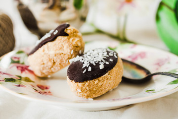 Homemade coconut candy with chocolate, healthy dessert