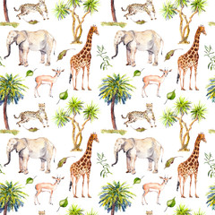 Wild animals - giraffe, elephant, cheetah, antelope. Savannah with palm trees. Repeating background. Watercolor © zzorik