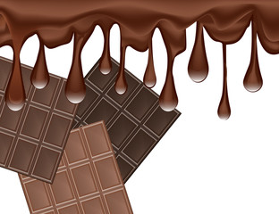 Drops of Melted Chocolate and Set of Chocolate Bars Isolated on White Background.