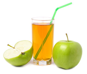 Green apple with juice isolated on white background