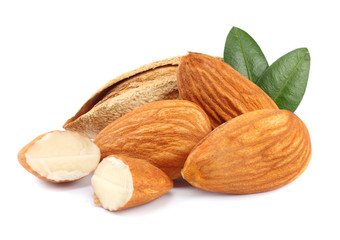 almond isolated on white background. with green leaf 