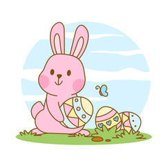 cute bunny with easter eggs cartoon