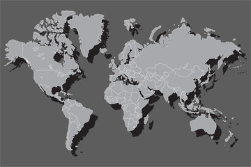 Political world map with shadow isolated on gray background, vector illustration