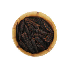 heap of vanilla in wooden cup isolated