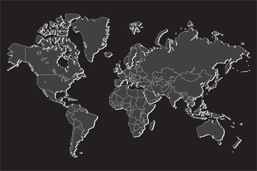 Political world map with shadow isolated on gray background, vector illustration.