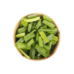 green onion in wooden cup isolated