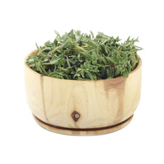 thyme in wooden cup isolated