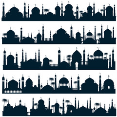 Islamic city skylines with mosque and minaret vector silhouettes arabic architecture - obrazy, fototapety, plakaty