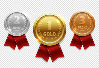 Champion gold, silver and bronze award medals with red ribbons - obrazy, fototapety, plakaty