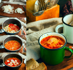 Tomato soup with sausages and cabbage, step by step cooking, collage, selective focus