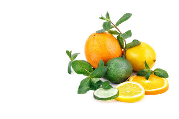 Lemon, orange and lime with mint leaves on a white background.