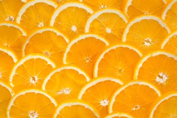 Bright orange background from slices of juicy Orange. Healthy food, background.