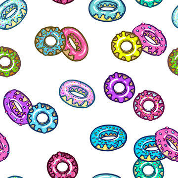 Seamless pattern with delicious donuts. Hand-drawn Vector illustration. Sweet desserts with fudge.