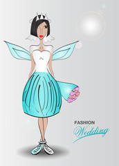 Young woman in a wedding dress. fashion design, Angels, blue template, Vector illustration