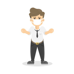 Buisnessman with cold. Sick man is ill. Isolated character on whte. Man in mask