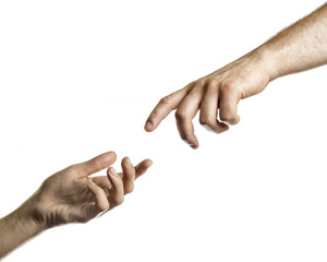 Two hands reach for each other. Image on white, isolated background.