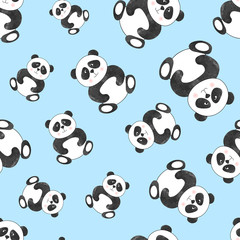 Naklejka premium Seamless cute cartoon panda pattern on blue. Vector background.