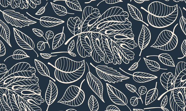 White and black  seamless pattern with leaves. Vector illustration. 