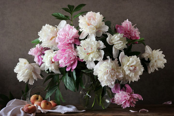 bouquet of peonies on a dark background.