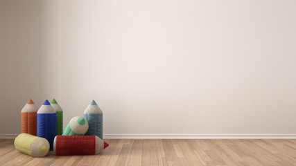 Kids minimalist white background with stuffed colored pencils on parquet flooring, child room nursery interior design