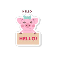 Pig says hello. Isolated cute sticker on white background.
