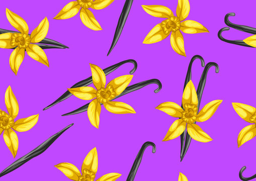 Seamless pattern with vanilla sticks and flower. Decorative ornament
