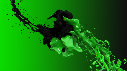 The black and green liquid collide, the droplets splatter in the sides on a green background.