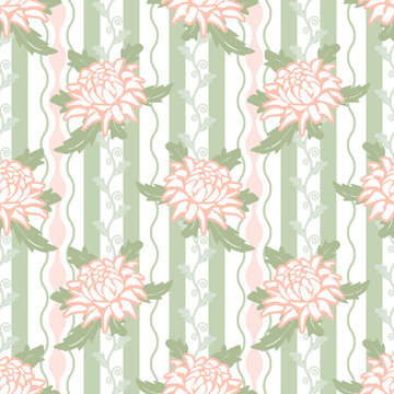 Seamless pattern of white-coral chrysanthemums on a green stripes background
