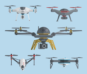 Flying drones collection. Vector illustration.