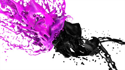 Fototapeta na wymiar Purple and black liquids collide, drops splatter fly to the sides on a white isolated background