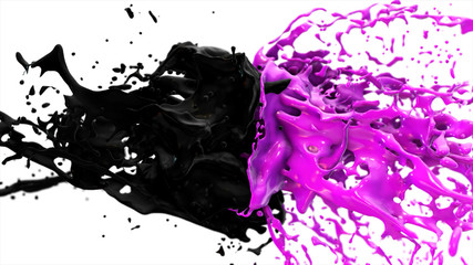 Purple and black liquids collide, drops splatter fly to the sides on a white isolated background