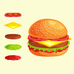 Set of burger grilled beef vegetables dressed with sauce bun snack, hamburger fast food meal menu barbecue meat with detailed individual flying slices menu ingredients vecor illustration background