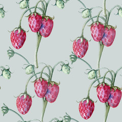 Background of strawberry on a branch. Seamless pattern
