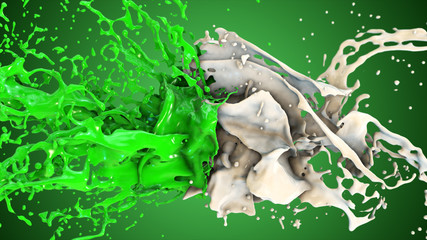The green and white liquid collide, the drops splatter the fly in the sides on a green background.