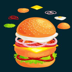Set of burger grilled beef vegetables dressed with sauce bun snack, hamburger fast food meal menu barbecue meat with detailed individual flying slices menu ingredients vecor illustration background